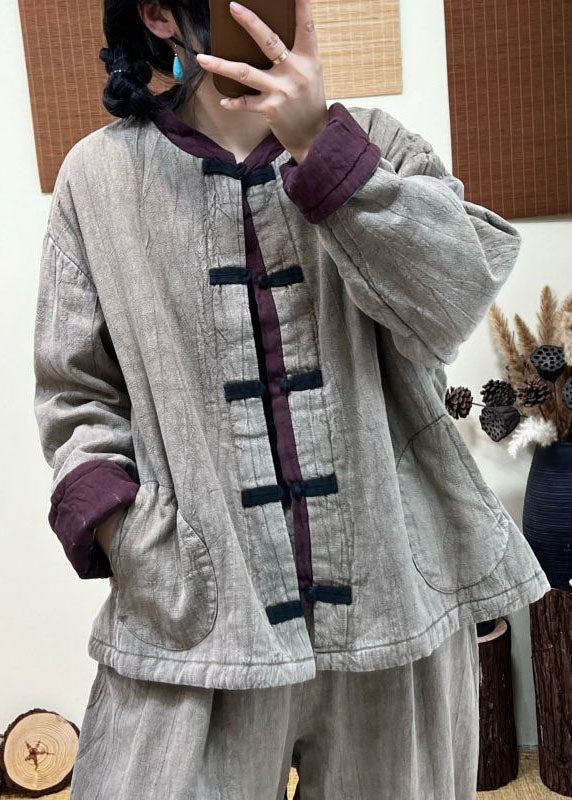 Vintage Light Grey Stand Collar Patchwork Pockets Fine Cotton Filled Coat Winter