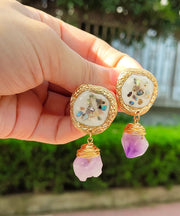 Vintage Light Purple Alloy Gem Stone Drop Earrings