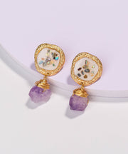 Vintage Light Purple Alloy Gem Stone Drop Earrings