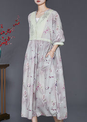 Vintage Light Purple V Neck Print Linen Dress Summer