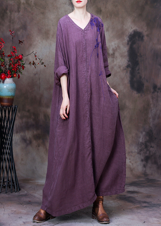 Vintage Llight Purple V Neck Asymmetrical Patchwork Linen Ankle Dress Long