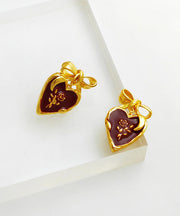 Vintage Mulberry Copper Overgild Oil Drip Heart Stud Earrings