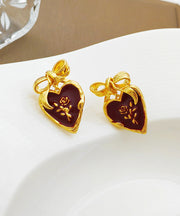 Vintage Mulberry Copper Overgild Oil Drip Heart Stud Earrings