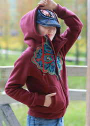 Vintage Mulberry Hooded Embroideried Warm Fleece Jacket Winter