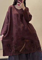 Vintage black text V Neck Embroidered Patchwork Linen Mid Dresses Fall