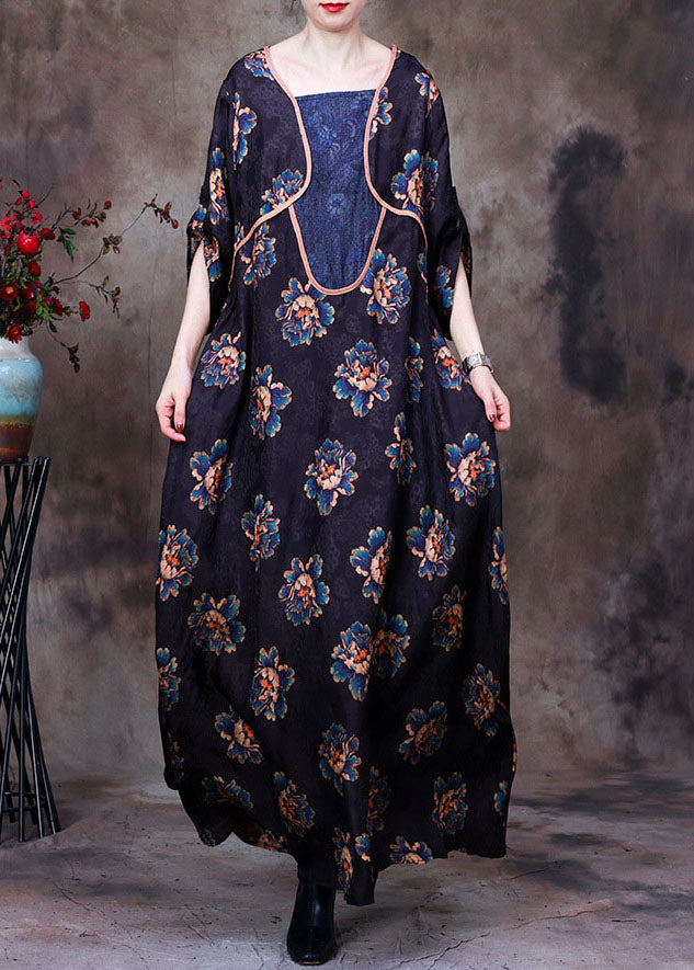 Vintage Navy Asymmetrical Patchwork Floral Print Silk Long Dress Long Sleeve