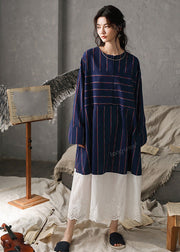 Vintage Navy Blue O-Neck Striped Patchwork Cozy Cotton Long Dress Long Sleeve