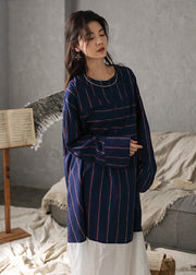 Vintage Navy Blue O-Neck Striped Patchwork Cozy Cotton Long Dress Long Sleeve