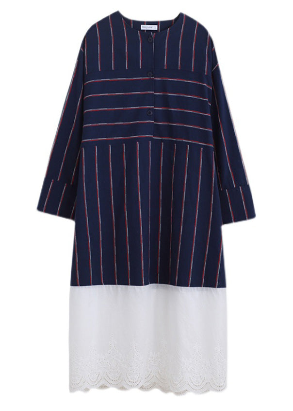 Vintage Navy Blue O-Neck Striped Patchwork Cozy Cotton Long Dress Long Sleeve