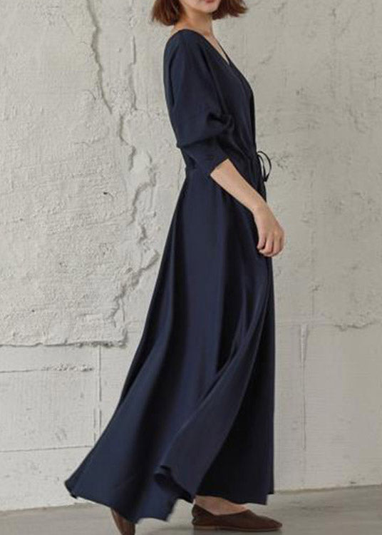 Vintage Navy Cinched V Neck Cinched Cotton Maxi Dresses Fall