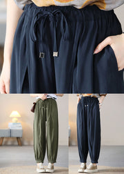 Vintage Navy Elastic Waist Drawstring Pockets Silk Harem Pants Fall