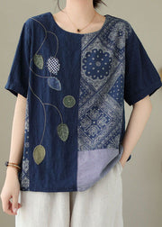 Vintage Navy Embroideried Print Patchwork Cotton T Shirt Tops Summer