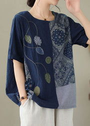 Vintage Navy Embroideried Print Patchwork Cotton T Shirt Tops Summer