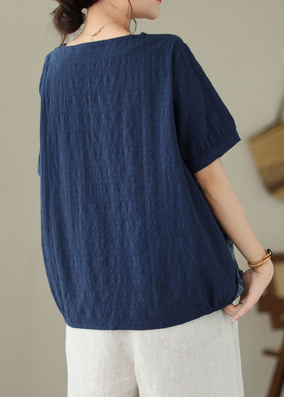 Vintage Navy Embroideried Print Patchwork Cotton T Shirt Tops Summer