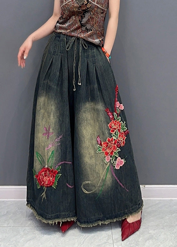 Vintage Navy Embroideried Tie Waist Elastic Waist Pockets Wide Leg Pants Summer