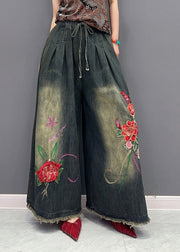 Vintage Navy Embroideried Tie Waist Elastic Waist Pockets Wide Leg Pants Summer