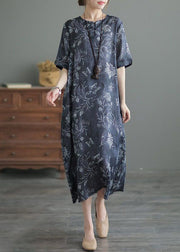 Vintage Navy O Neck Print Pockets Patchwork Linen Long Dresses Summer