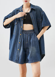 Vintage Navy Oversized Denim Two Piece Set Women Clothing Summer