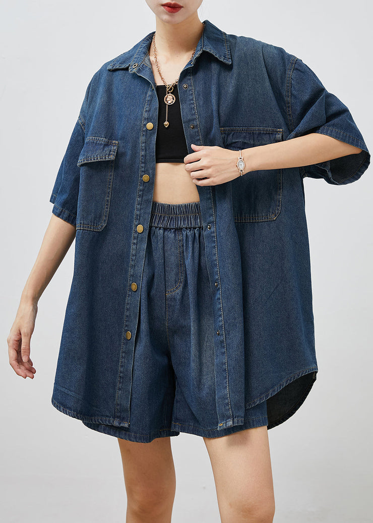 Vintage Navy Oversized Denim Two Piece Set Women Clothing Summer