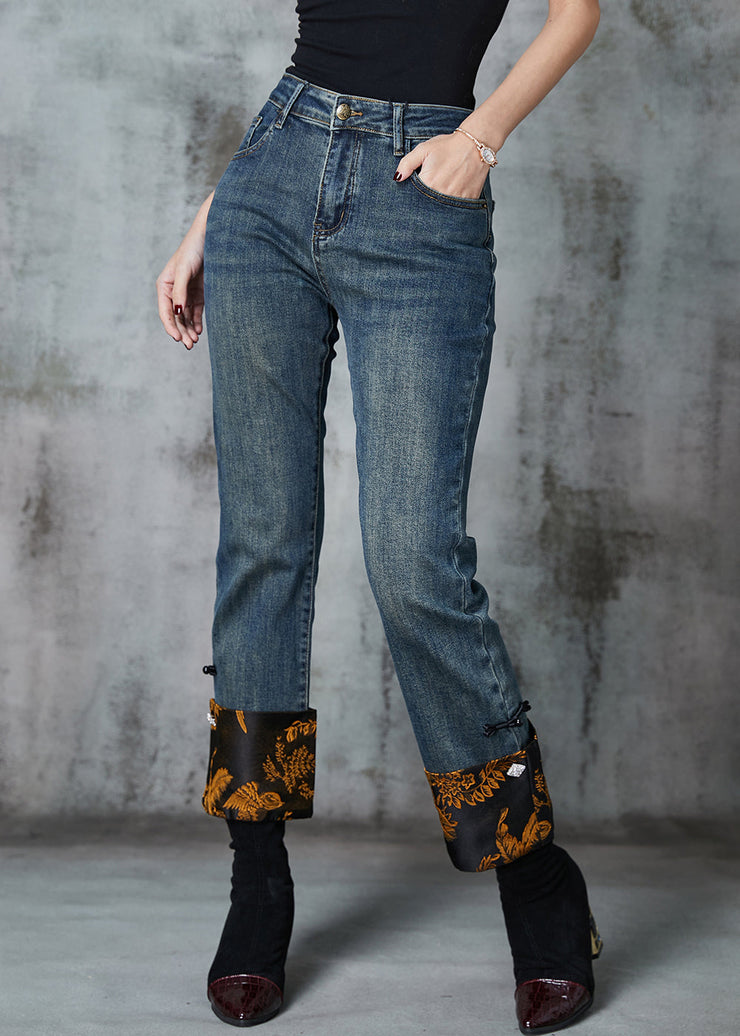 Vintage Navy Patchwork Jacquard Denim Straight Pants Spring