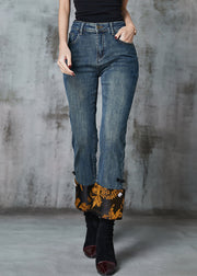 Vintage Navy Patchwork Jacquard Denim Straight Pants Spring