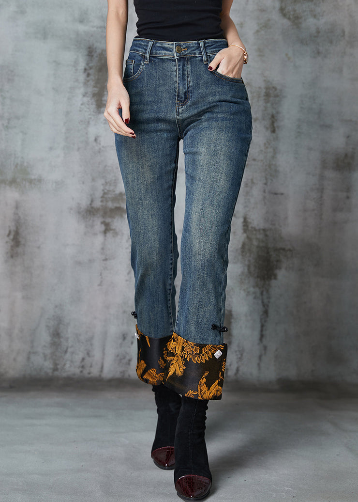 Vintage Navy Patchwork Jacquard Denim Straight Pants Spring