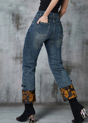 Vintage Navy Patchwork Jacquard Denim Straight Pants Spring