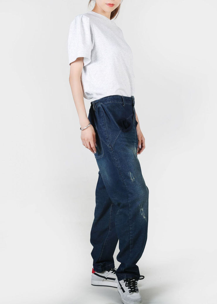 Vintage Navy Pockets Patchwork Denim Straight Pants Summer