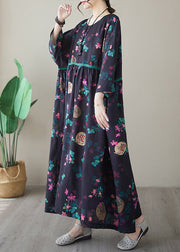 Vintage Navy Print Maxi Dresses Long Sleeve