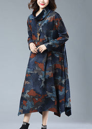 Vintage Navy Print Pockets Patchwork Cotton Long Dresses Fall