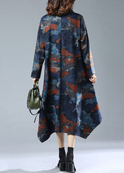 Vintage Navy Print Pockets Patchwork Cotton Long Dresses Fall