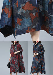 Vintage Navy Print Pockets Patchwork Cotton Long Dresses Fall