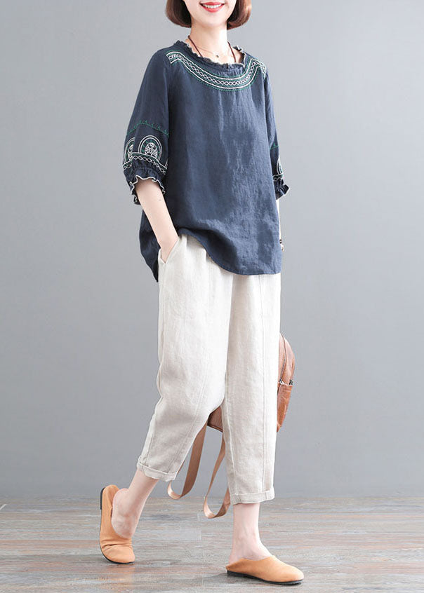 Vintage Navy Ruffled Embroideried Linen Tops And Crop Pants Two Piece Set Women Clothing Half Sleeve