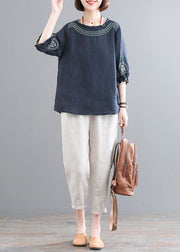 Vintage Navy Ruffled Embroideried Linen Tops And Crop Pants Two Piece Set Women Clothing Half Sleeve