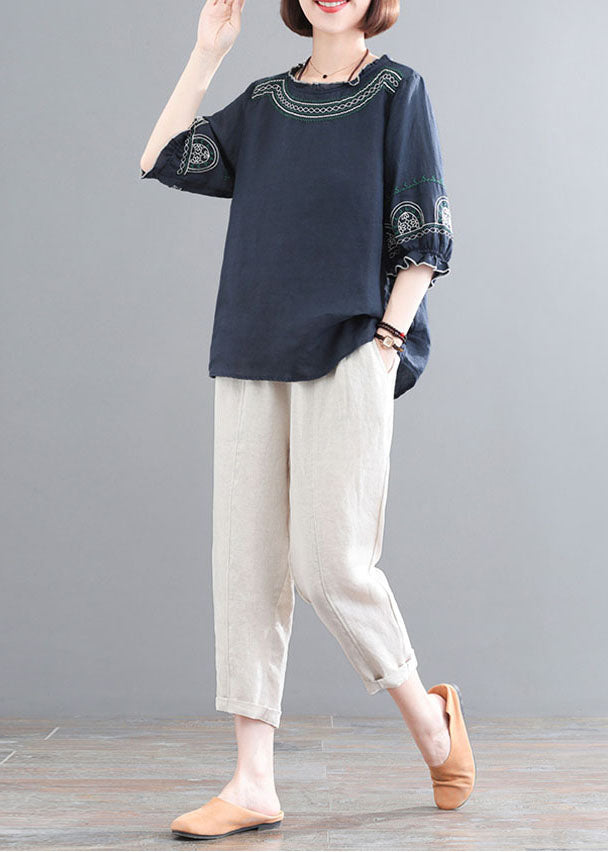 Vintage Navy Ruffled Embroideried Linen Tops And Crop Pants Two Piece Set Women Clothing Half Sleeve