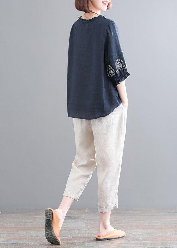 Vintage Navy Ruffled Embroideried Linen Tops And Crop Pants Two Piece Set Women Clothing Half Sleeve