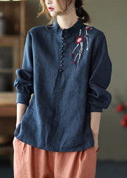 Vintage Navy Stand Collar Embroideried Floral Button Linen Shirts Long Sleeve