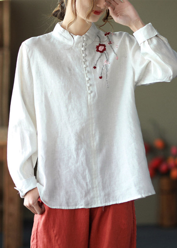 Vintage Navy Stand Collar Embroideried Floral Button Linen Shirts Long Sleeve