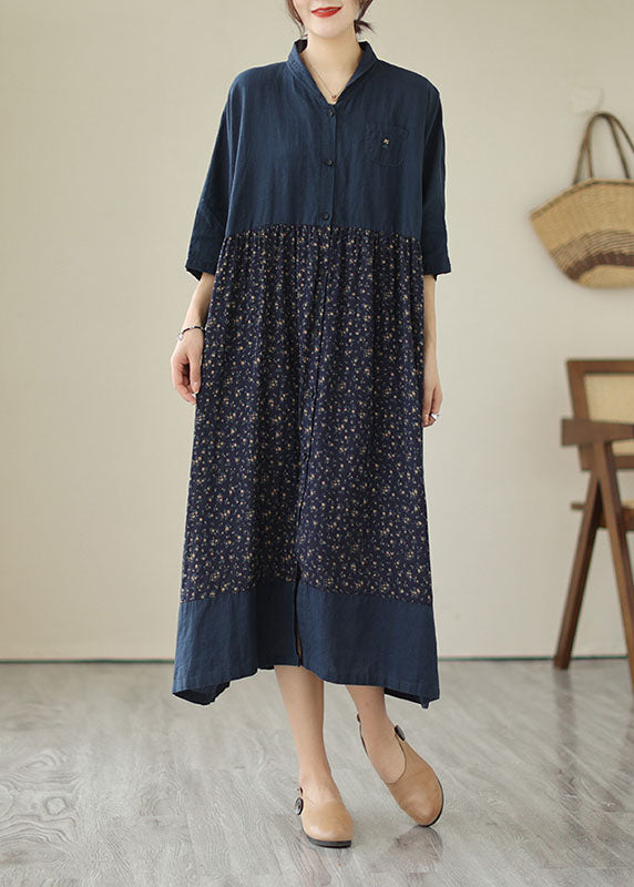 Vintage Navy Stand Collar Print Patchwork Linen Dresses Summer