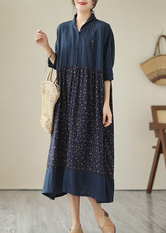 Vintage Navy Stand Collar Print Patchwork Linen Dresses Summer