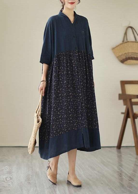 Vintage Navy Stand Collar Print Patchwork Linen Dresses Summer