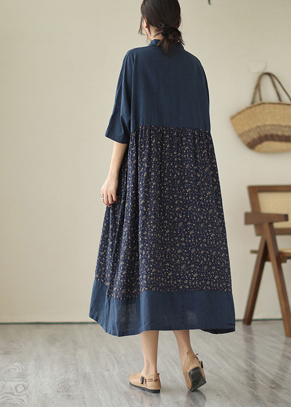 Vintage Navy Stand Collar Print Patchwork Linen Dresses Summer