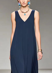 Vintage Navy V Neck Draping Chiffon Cami Dress Sleeveless