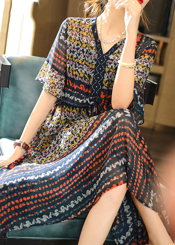 Vintage Navy V Neck Print Chiffon Maxi Dress And Slip Dress Two Pieces Set Half Sleeve