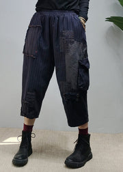 Vintage Navy elastic waist Pockets Patchwork Pants Spring