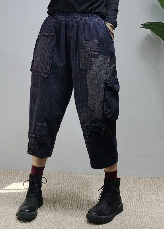 Vintage Navy elastic waist Pockets Patchwork Pants Spring