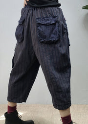 Vintage Navy elastic waist Pockets Patchwork Pants Spring