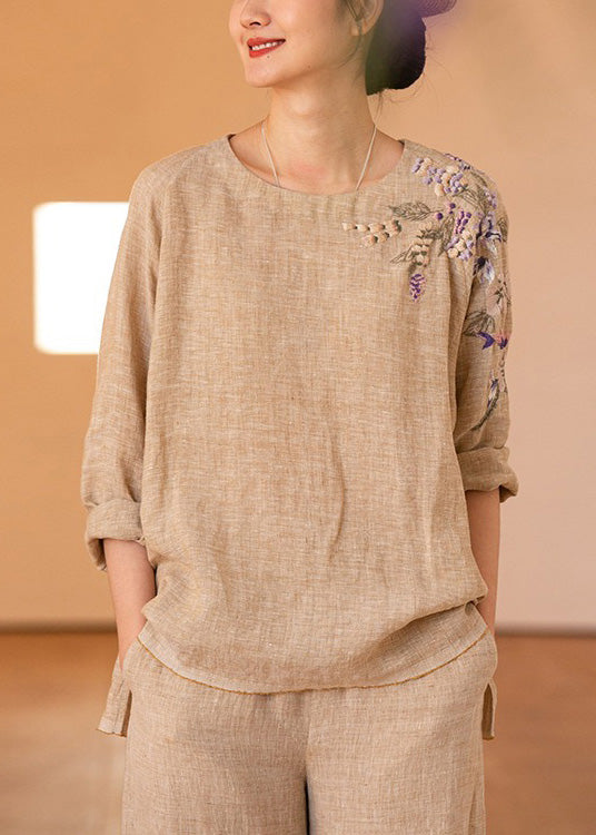 Vintage O-Neck Embroidered Linen Shirt Top Long Sleeve