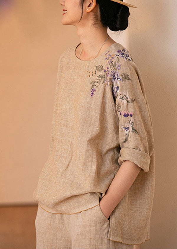Vintage O-Neck Embroidered Linen Shirt Top Long Sleeve
