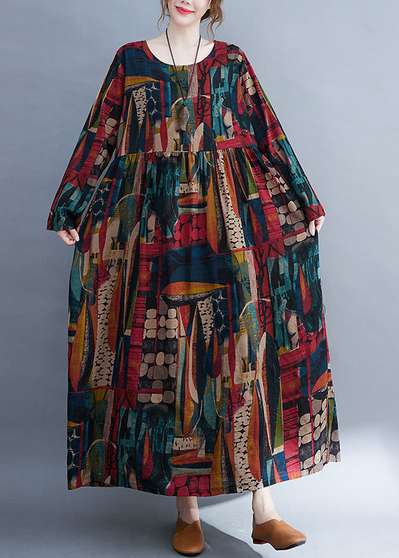 Vintage O-Neck Patchwork Print Cotton Cozy Maxi Dress Long Sleeve